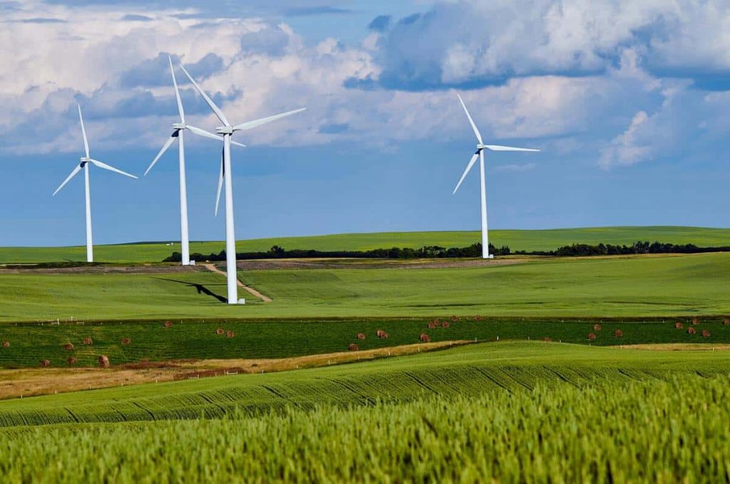 Paysage avec un champ et des éoliennes au loin